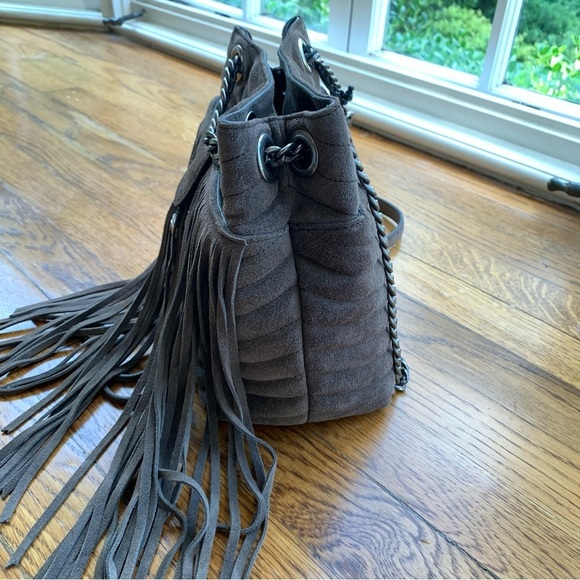 New Rebecca Minkoff Edie Fringe Quilt Suede Crossbody Bag Purse Handbag, Porcini - Picture 11 of 14